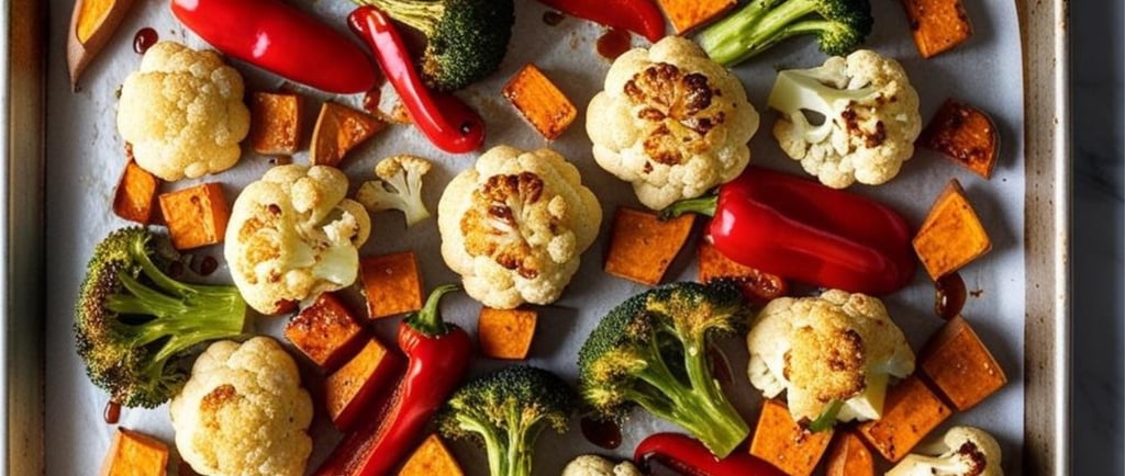 Oven roasted broccoli, cauliflower, bell peppers, and sweet potatoes.