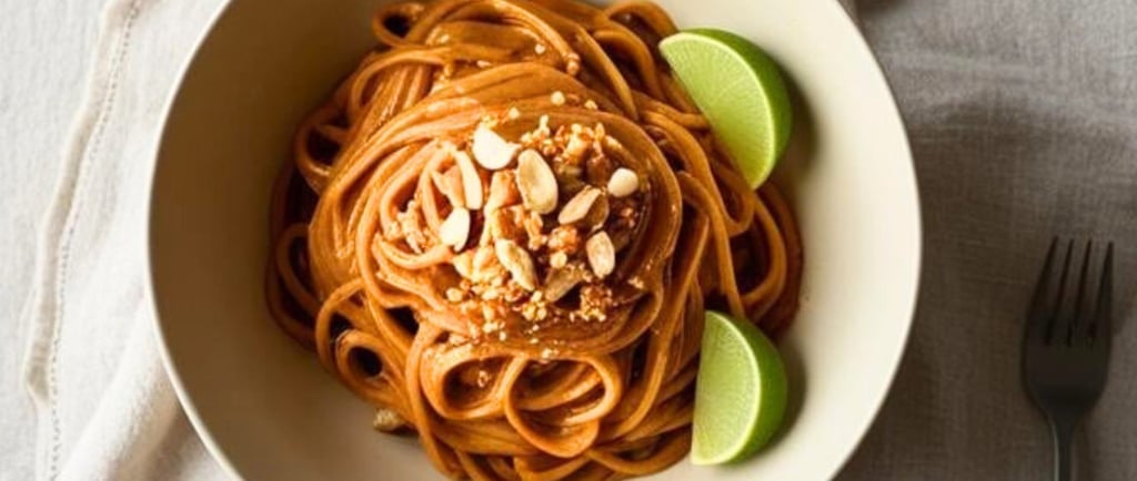 Peanut butter noodles garnished with crushed peanuts and lime wedges.