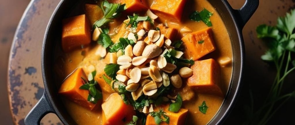 West African peanut stew with large chunks of sweet potato, parsley leaves and peanuts
