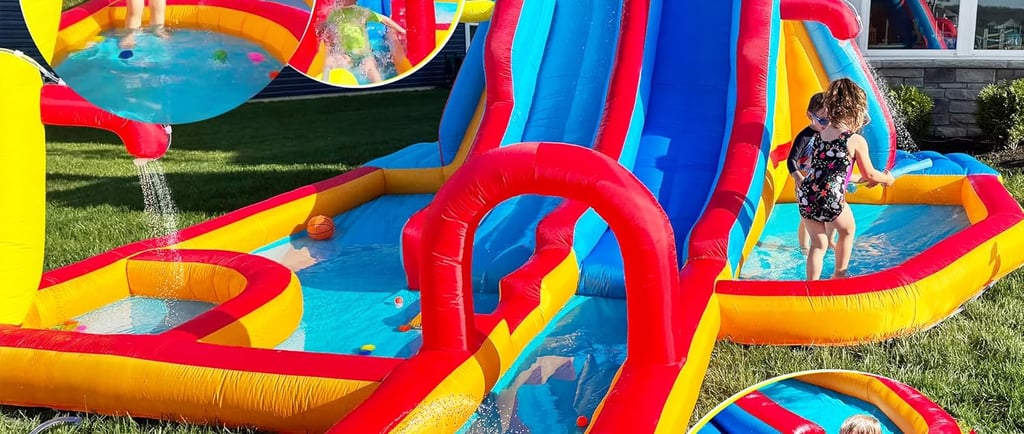 Inflatable water slide with splash pool and backyard sprinkler for kids summer outdoor play.