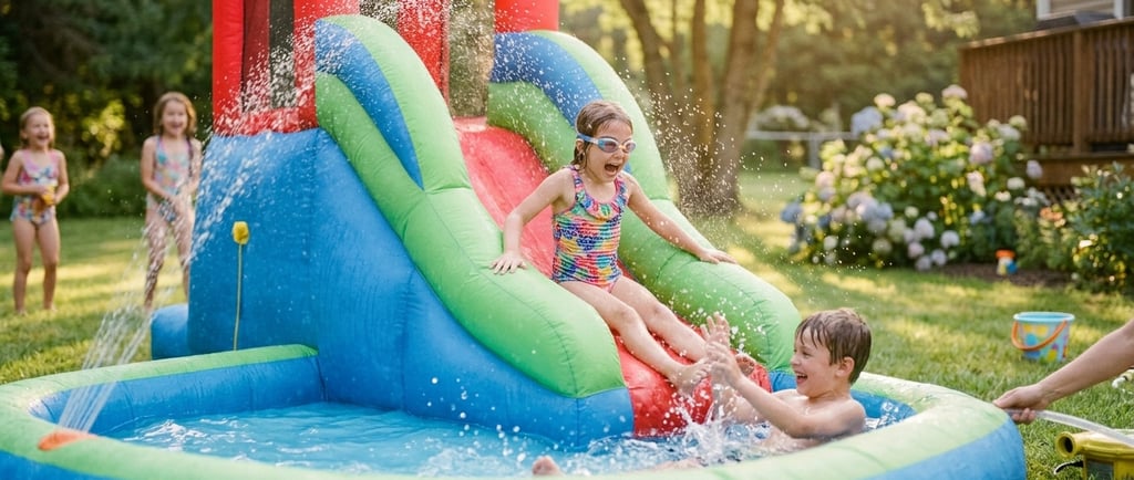 kids sliding down a backyard inflatable water slide on a sunny day