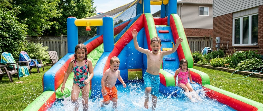 kids splashing in the pool area of an inflatable water slide in a backyard