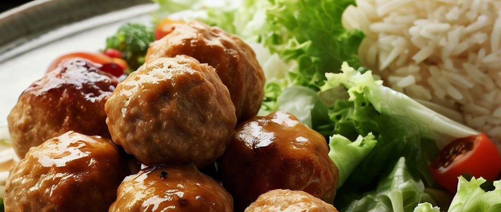 albondigas de pollo con arroz y ensalada