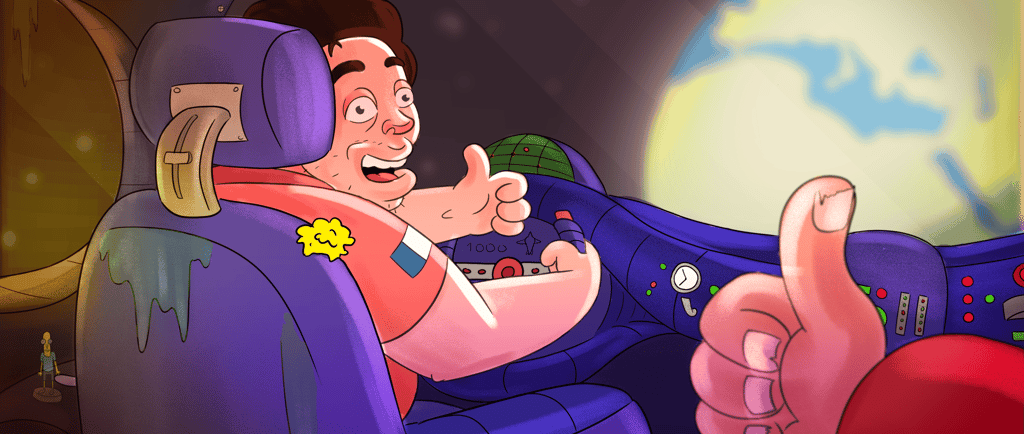 illustration d un homme dans un vaisseau spatial en compagnie de son amis ils on l aire heureux