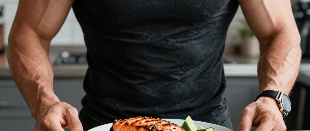 Muscular man preparing a high-protein bodybuilding meal with grilled salmon, chicken breast, and eggs.