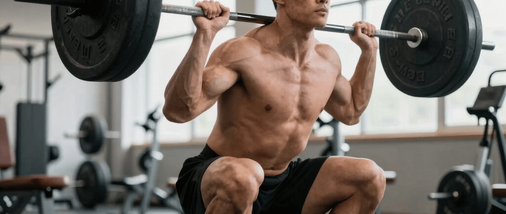 Muscular bodybuilder performing heavy barbell squats in a gym for leg strength training.