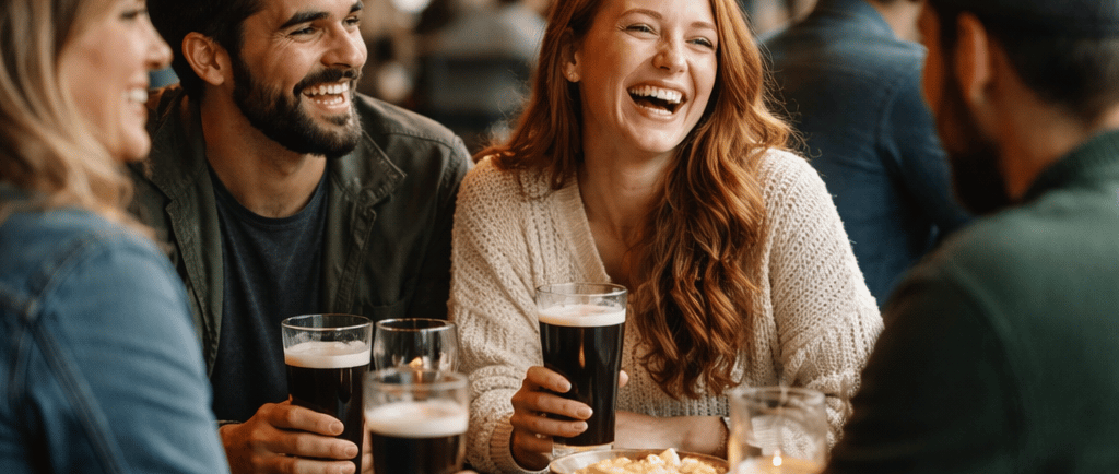 Friends laughing and drinking craft beer at a cozy Italian pub with warm lighting.