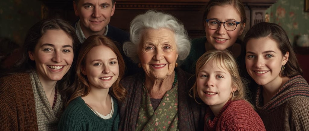 A smiling multi-generational Irish family portrait featuring an Irish Mam and her grandchildren.