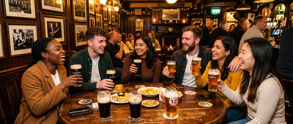 Diverse group of friends laughing and drinking pints of Guinness in a cozy traditional Irish pub.