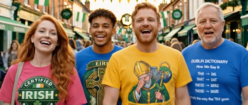 Diverse friends celebrating St. Patrick's Day in Dublin wearing festive Irish t-shirts.