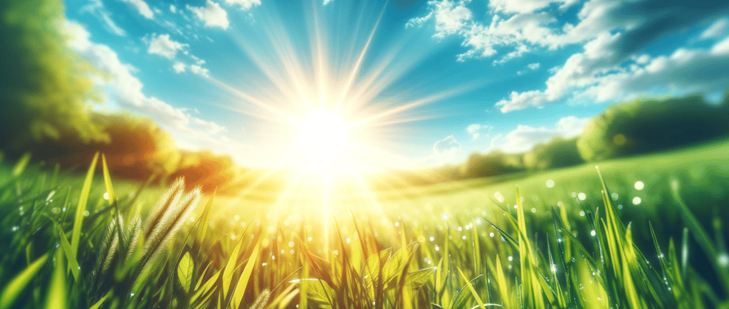 a field with grass and the sun shining