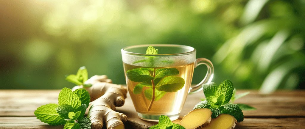 a cup of tea with mint leaves and mint leaves