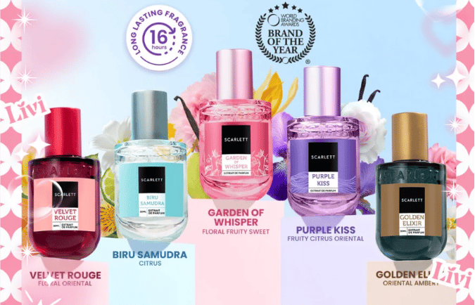 Parfum elegan tahan lama Livi Scarlett Whitening 30ml aroma soft feminin