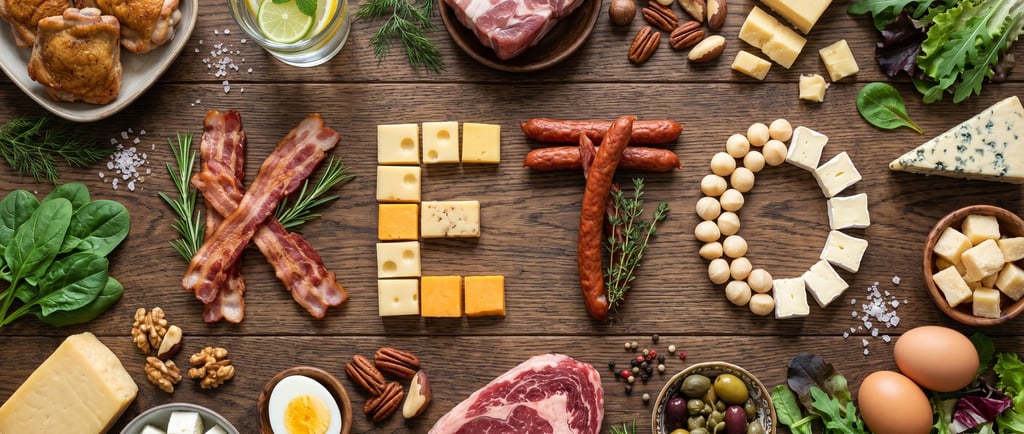 Keto diet health risks, high fat foods including meat and cheese on a table