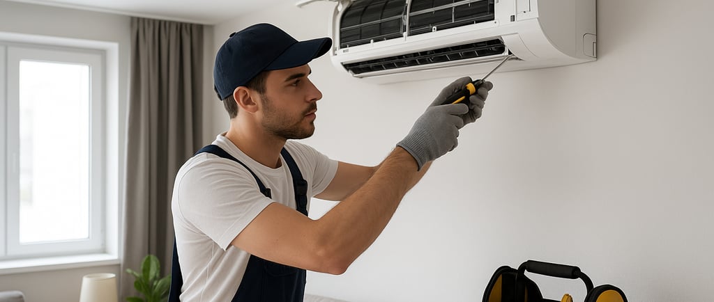 HVAC technician repairing air conditioner in Abu Dhabi during AC maintenance service