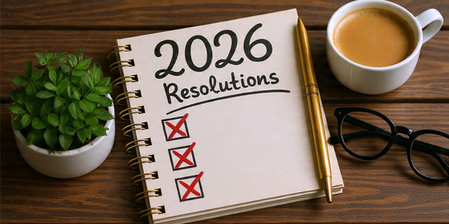 Notebook labeled “2026 Resolutions” with items crossed out, beside a coffee cup and glasses.