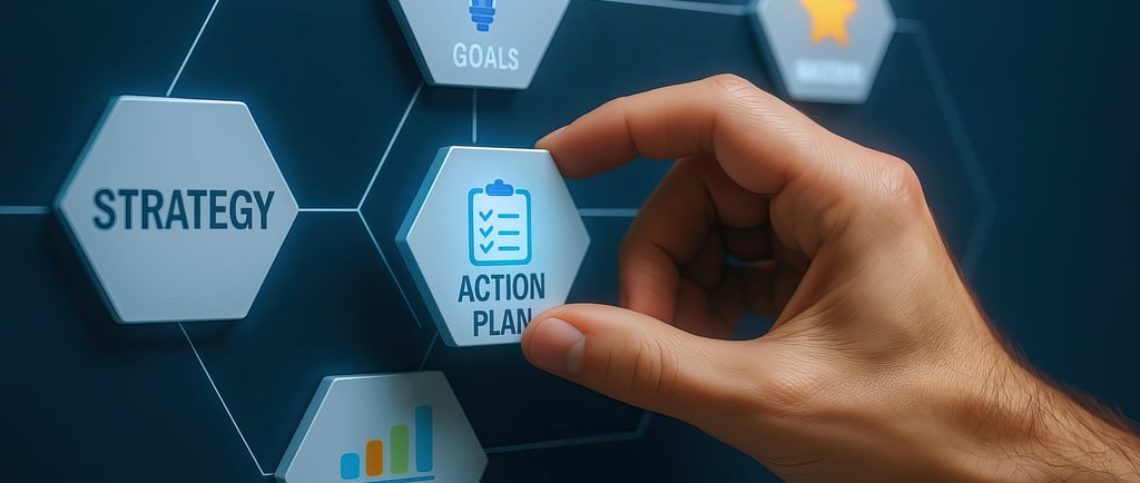 Hand selecting an ‘Action Plan’ icon connected to strategy and goals.