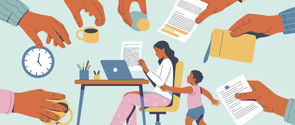 Illustration of a woman working at a desk as hands offer work and a child tugs at her arm.