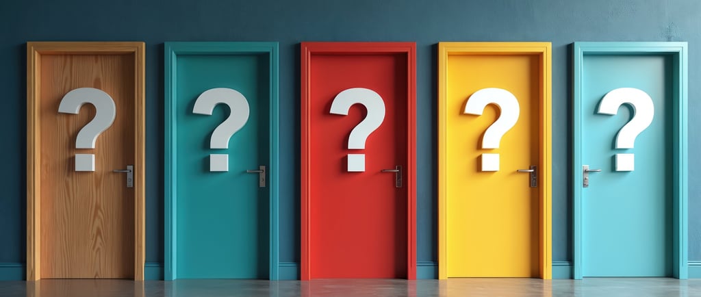 Five colorful doors with question marks, representing multiple career choices.