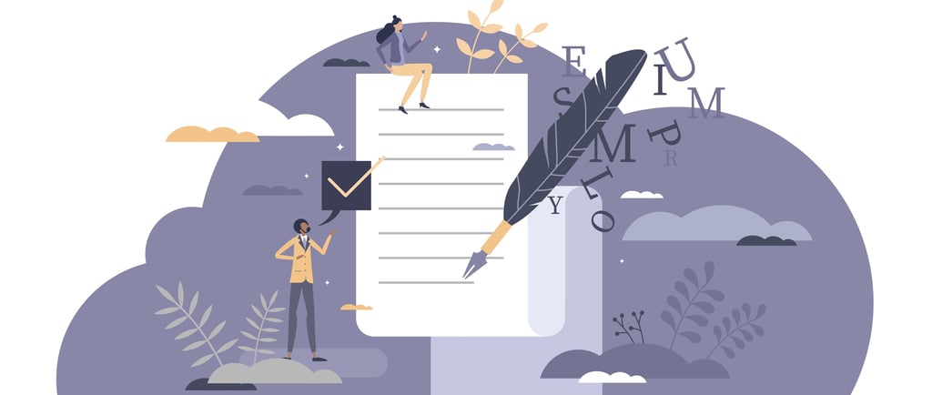 Illustration of people reviewing and writing a document with a pen, symbolizing crafting a cover let