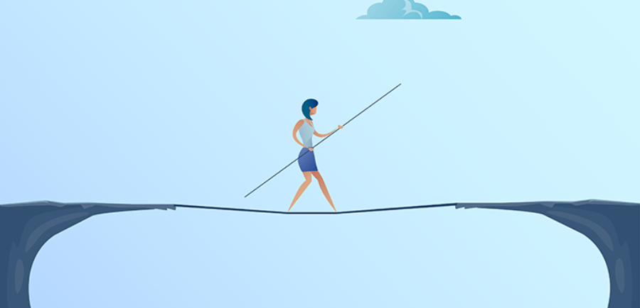 Illustration of a person walking a tightrope over a gap.