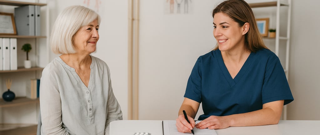 a doctor wearing navy scrubs is caring for an elderly female patient, both are smiling warmly