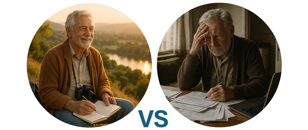 Compara a una persona de la tercera edad disfrutando la vida contra  el mismo sin dinero