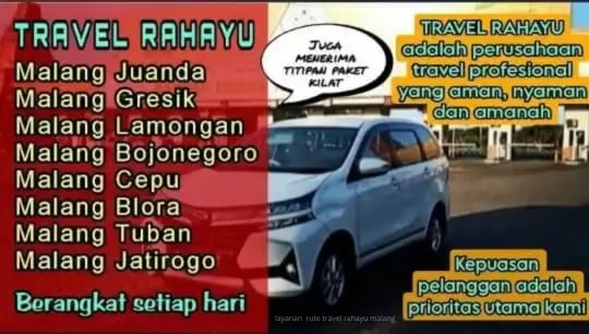 Travel Rahayu shuttle car service offering daily routes from Malang to Juanda, Gresik, and Blora.