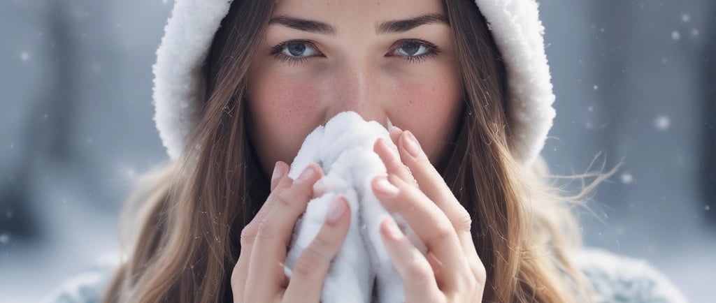 a woman feeling unwell with cold and flu symptoms in chilly wintry weather