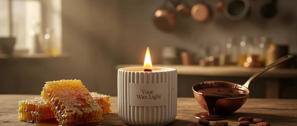 Vela de soja artesanal Your Wax Light junto a panal de miel y chocolate en un antiguo obrador de lujo sostenible.