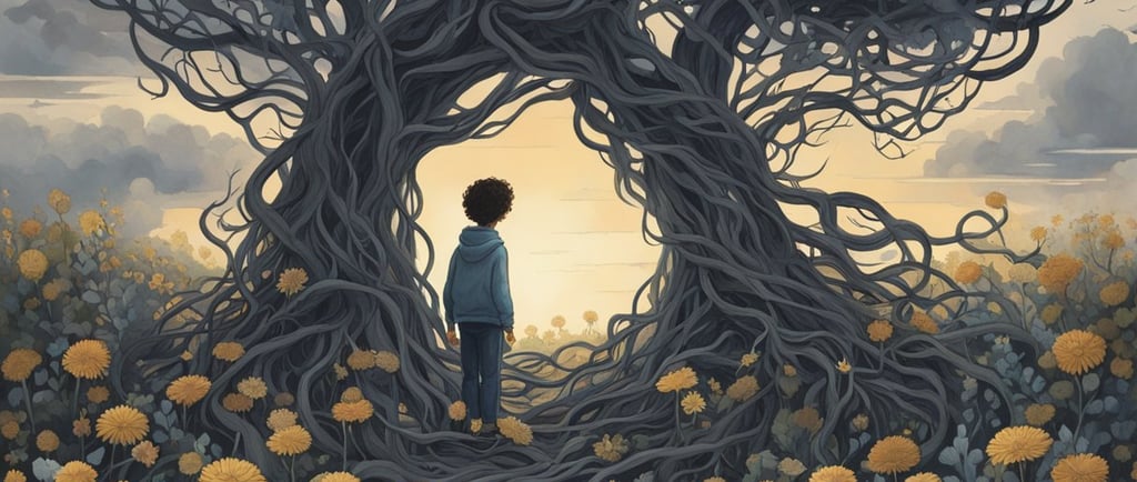 a boy standing in a field with a tree in the background