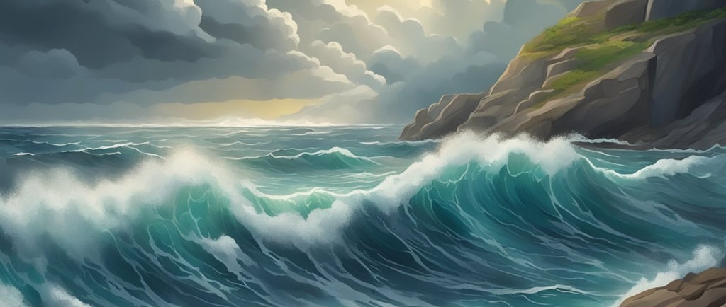 a painting of a large wave crashing over a cliff