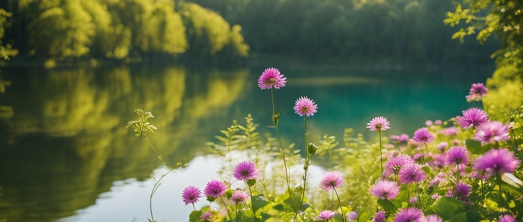 jezioro z fioletowymi kwiatami i drzewami w tle