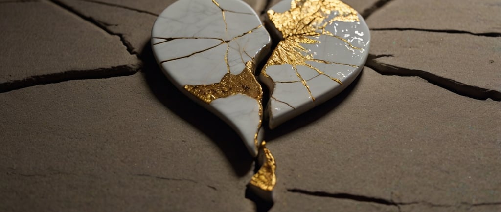 Radical forgiveness, emotional healing, kintsugi, broken heart, transformation, golden light, abstra