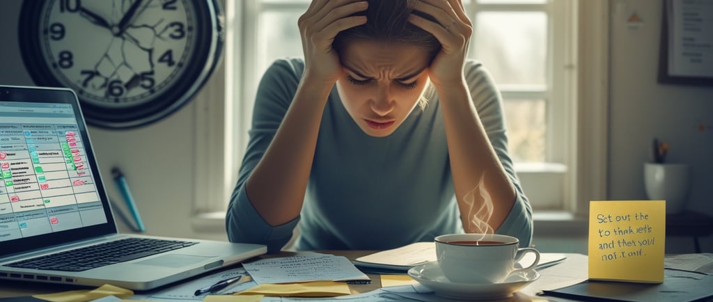 a woman sitting at a desk with a cup of coffee