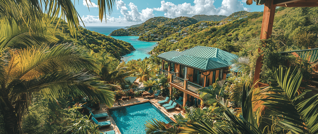 Hôtel de charme entouré de végétation luxuriante avec vue imprenable sur la mer.