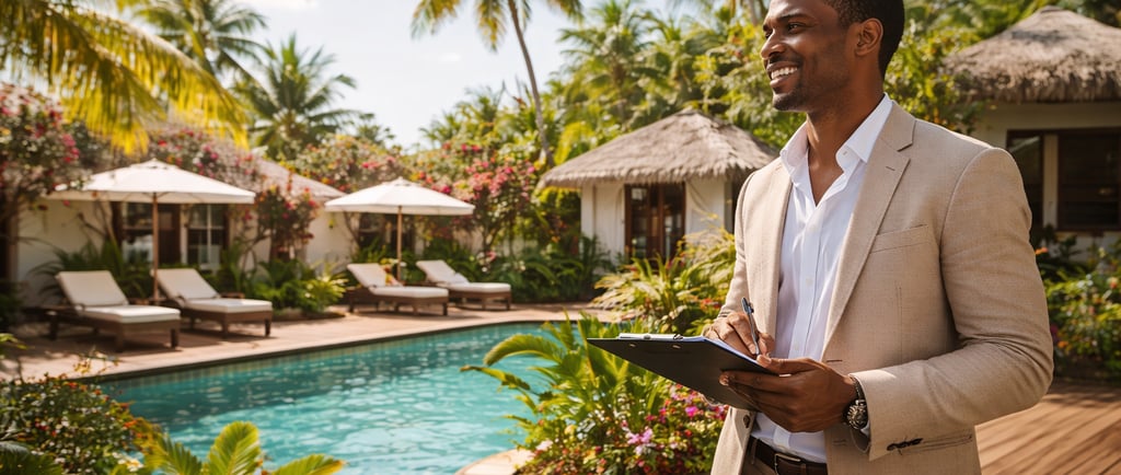 Manager caribéen souriant supervisant un hôtel 4 étoiles indépendant avec bungalows et piscine, dans un cadre tropical 