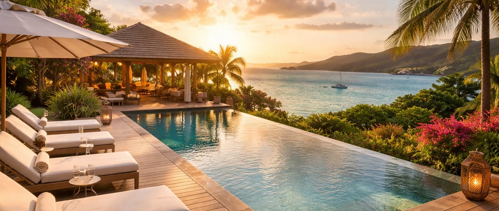 Vue paysage d’un hôtel de luxe dans les Caraïbes avec piscine à débordement au coucher du soleil, terrasse et mer turquoise