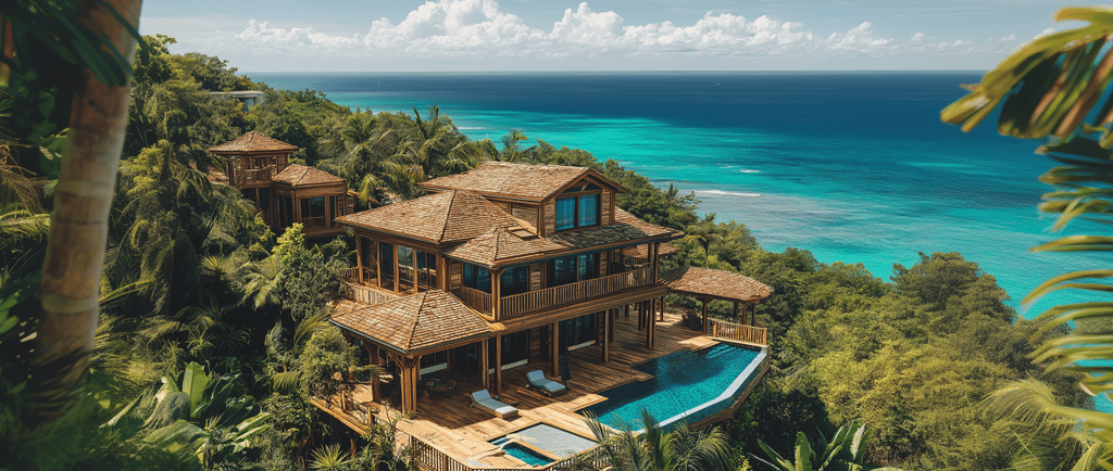 Vue aérienne d’un éco-resort de luxe en Guadeloupe avec villa principale en architecture créole, bungalows indépendants avec