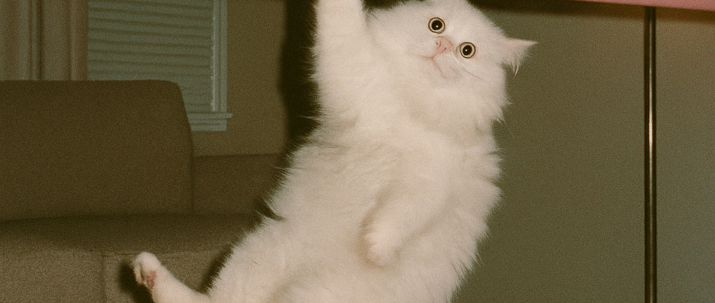 a white cat hanging upside down on a rug