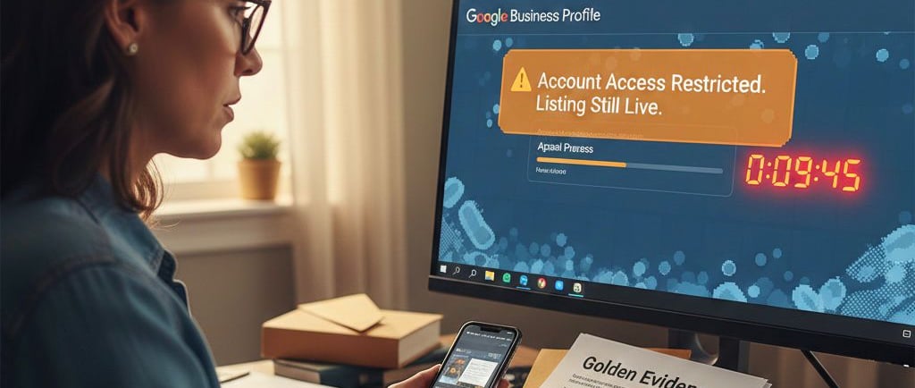 A business owner reviewing 'Golden Evidence' documents at a desk while a Google Business Profile das