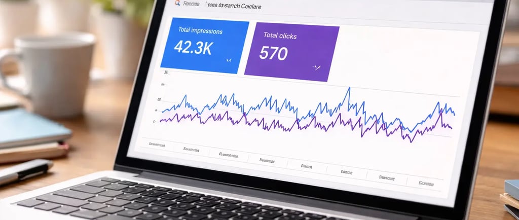 Google Search Console showing impressions and clicks performance on a laptop screen