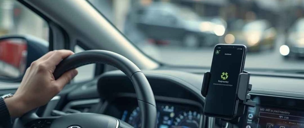 interior de um carro popular em uso para aplicativo, com o painel visível, volante moderno e um smartphone preso ao suporte.