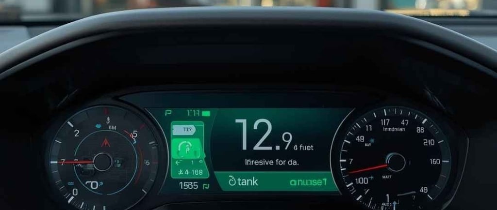Close em um painel automotivo moderno mostrando consumo médio de combustível, autonomia e nível do tanque.
