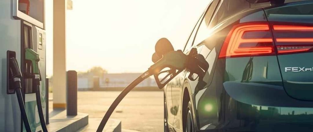 Imagem mostrando um carro flex abastecendo em um posto moderno no Brasil, com destaque para os combustíveis etanol.