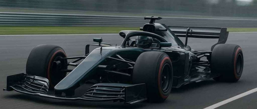 Carro de Fórmula 1 em alta velocidade demonstrando tecnologia e aerodinâmica avançada,