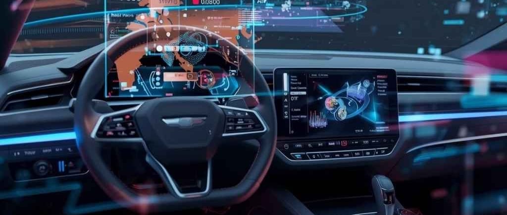 Painel digital com tecnologia avançada e conectividade, mostrando tendência de carros inteligentes em 2026.