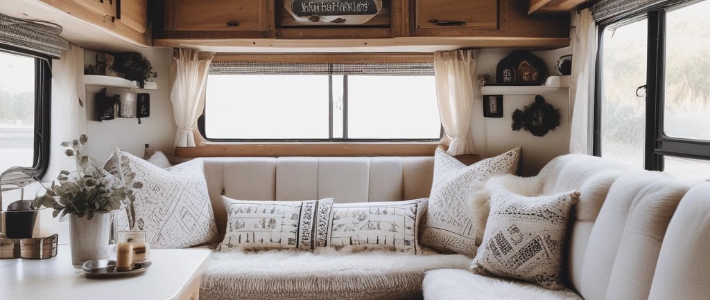 A cozy, transformed RV interior showcasing DIY decor.