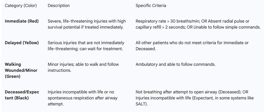 The START triage system categorizes patients into four distinct groups, each with specific criteria: