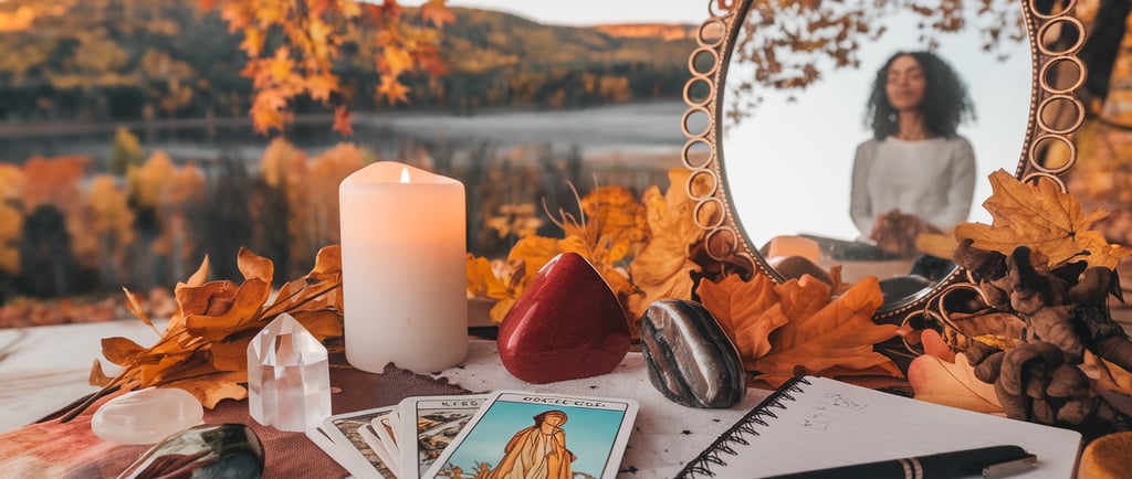 autel avec bougie cristaux décor automnal